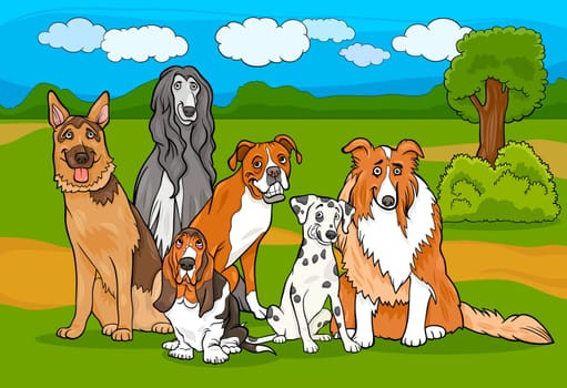 Cartoon Illustration of Cute Purebred Dogs or Puppies Group against Rural Landscape or Park Scene