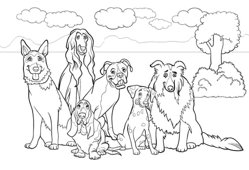 Black and White Cartoon Illustration of Cute Purebred Dogs or Puppies Group against Rural Landscape or Park Scene for Coloring Book