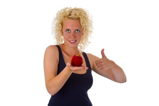 Woman with apple isolated on white background