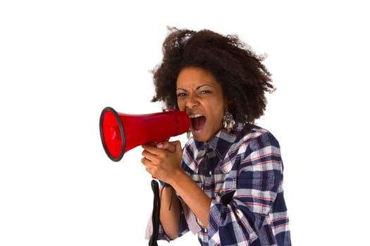 Young woman screaming in megaphone isolated on white background