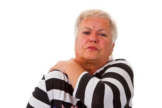 Senior woman has neck pain - isolated on white background