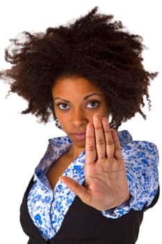 African American woman says no - isolated on white background