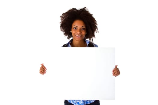 Attractive African American woman with blank billboard - isolated on white background