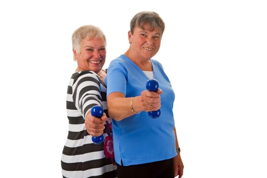 Senior women with dumbbells - isolated on white background