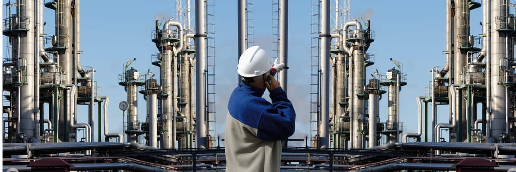 engineer, oil-worker pointing at giant oil and gas refinery, panoramic mirror image