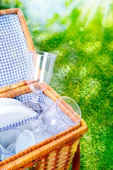 Fresh bright picnic basket with a blue and white checked country lining open to display glasses and cups against lush greenery