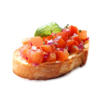 Chopped tomato and onion bruschetta, an Italian antipasta served on grilled or toasted crispy crusty sliced baguette, on a white background
