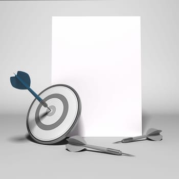 Three D rendering of one dart reaching the center of an objective and two darts failed to attain the target plus blank sign for communication.