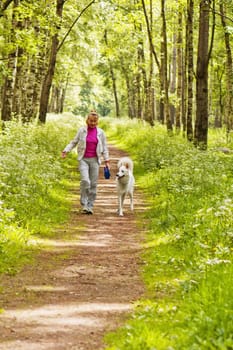 The woman walks with a dog in a wood