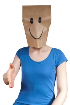 a happy paper bag person inviting to shaking hands, isolated