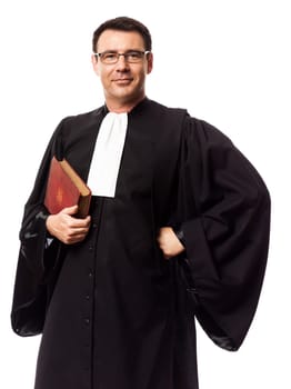 one caucasian lawyer man in studio isolated on white background