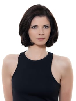 one beautiful serious caucasian woman portrait in studio isolated on white background