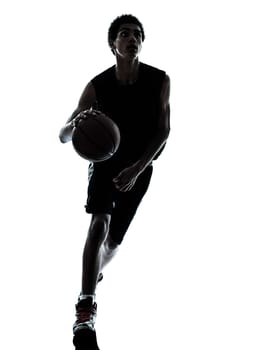 one young man basketball player silhouette in studio isolated on white background