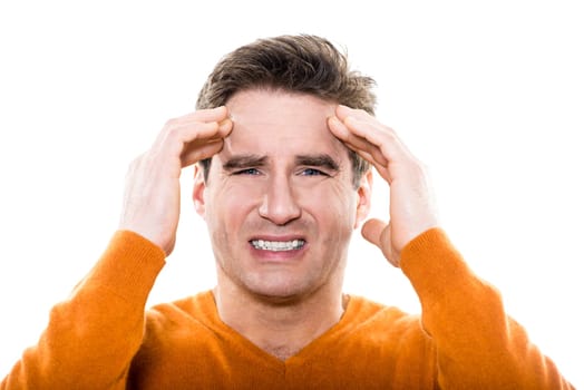 one caucasian man mature headache portrait studio  white background