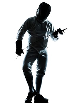 one man fencing silhouette in studio isolated on white background