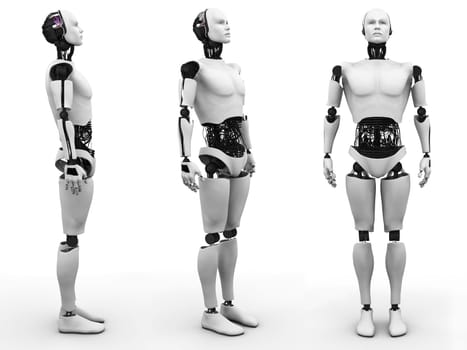 Male robot standing, a view of it from three different angles. White background.