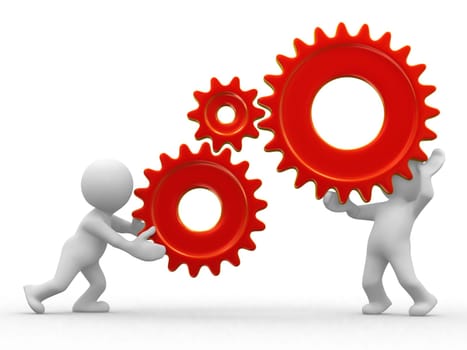 Two 3d humans keep gears in hands