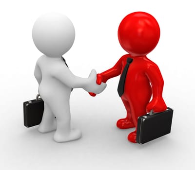 3d bussiness white and red humans make a handshake