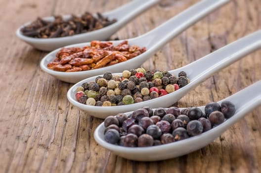 Various spices in porcelain spoons