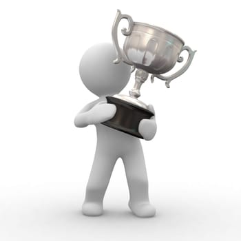 3d human with a 3d silver trophy in hands