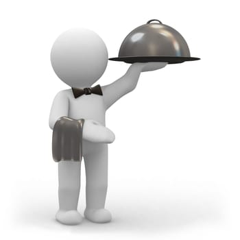 3d human waiter with a big food dome