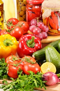 Composition with assorted grocery products including vegetables fruits
