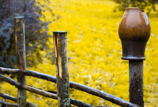 pot on wooden farm fence with green grass and tree in background