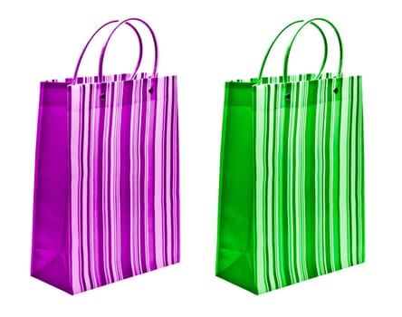 two packets of green and magenta color isolated on white background