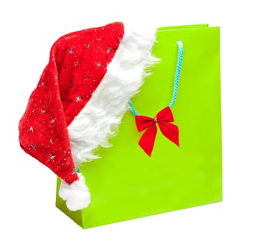 green packet isolated on white with red santa hat