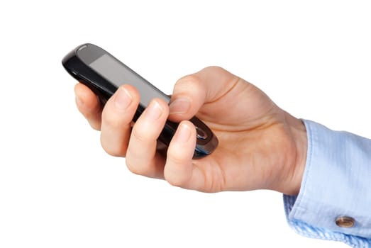 a business hand holds a smartphone in its hands, isolated