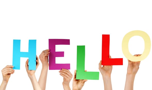 hands holding the characters which build the word hello, isolated