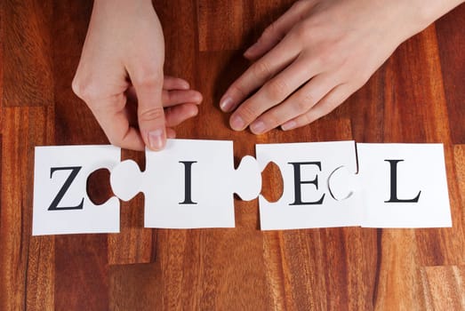 a person is puzzling the german word ZIEL (aim)