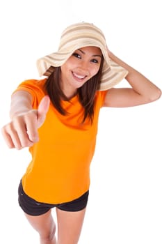 Portrait of a young beautiful asian woman making thumbs up isolated on white background - Asian people