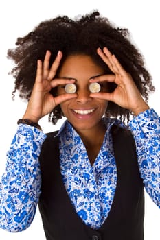 Attractive African American woman holding two Ruro coins in front of her eyes - isolated on white background
