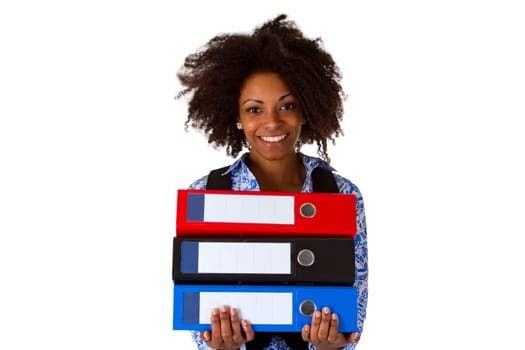 Young african american woman with folders - isolated on white background