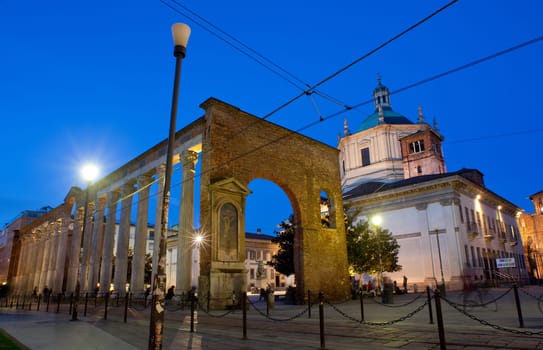 View of Columns and Basilica of San Lorenzo in Milan, Italy