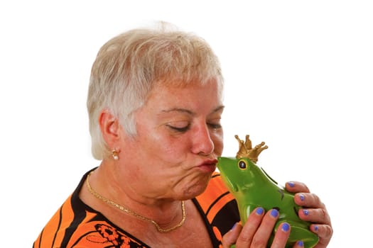Senior woman with froach king - isolated on white background
