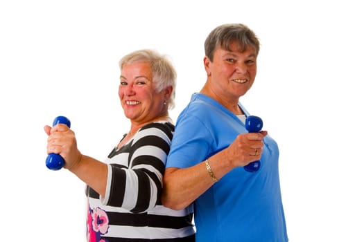 Senior women with dumbbells - isolated on white background