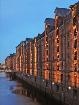 Hamburg city, Speicherstadt at dusk