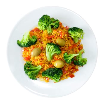 healthy meal - pepper rice with broccoli and green olives on a white plate isolated