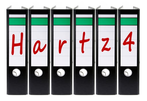 folders labeled with the german word Hartz 4 (welfare), German unemployment benefit paid after the first 12-18 months of unemployment.