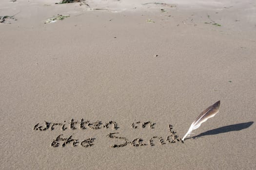 a feather used as a quill pen to write written in the sand