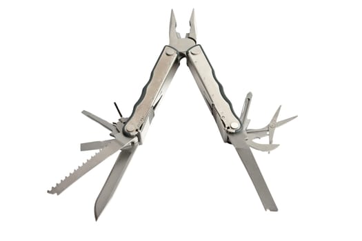 photo of  fully unfolded leatherman multitool  isolated on white background