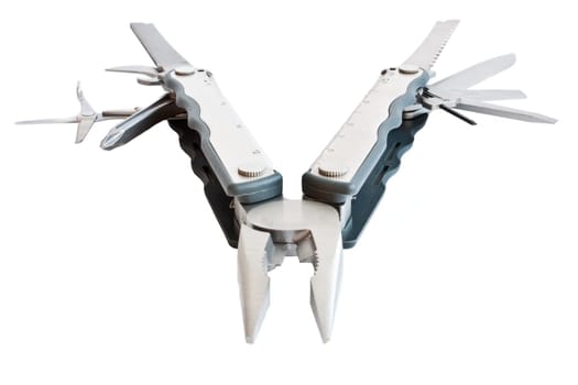 photo of  fully unfolded leatherman multitool  isolated on white background