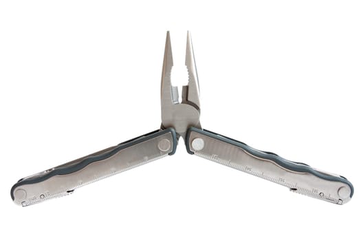 photo of  unfolded leatherman multitool with pliers isolated on white background