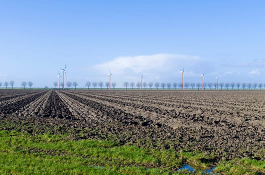 plowed field with a windmill farm in the background in Almere, Netherlands