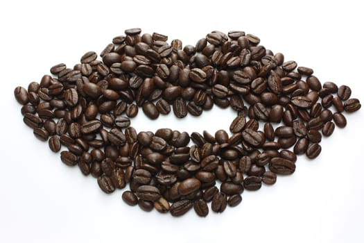 Lips made of coffee beans on a white background