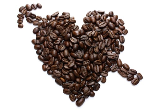 Heart made of coffee beans on a white background