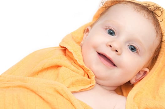 Cute Baby Girl After Bath - In Orange Towel