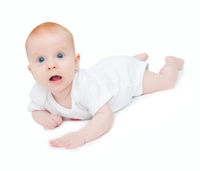 Cute Baby Girl Lying on Front on White Background
